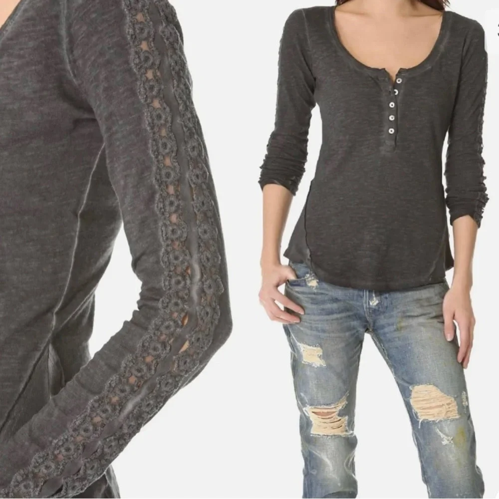 Free People Ribbon & Lace Sleeve Henley Green L NWT!
